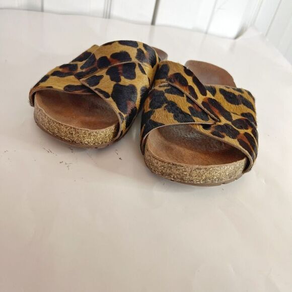 Anacapri Leather Leopard Print Pony Hair Criss Crop Wide Strappy Slip On Sandals - Picture 7 of 10